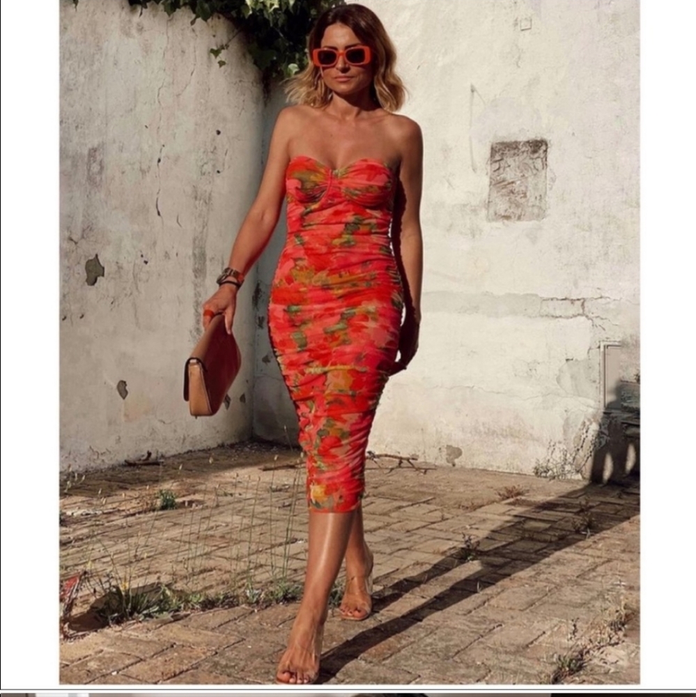 Zara Strapless Ruched Floral Midi Dress in Coral and Green